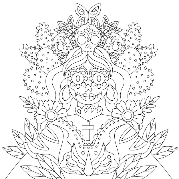 Free Vector hand drawn dia de muertos catrina coloring page illustration