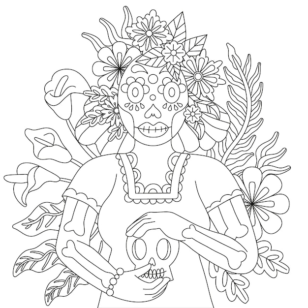 Hand drawn dia de muertos catrina coloring page illustration