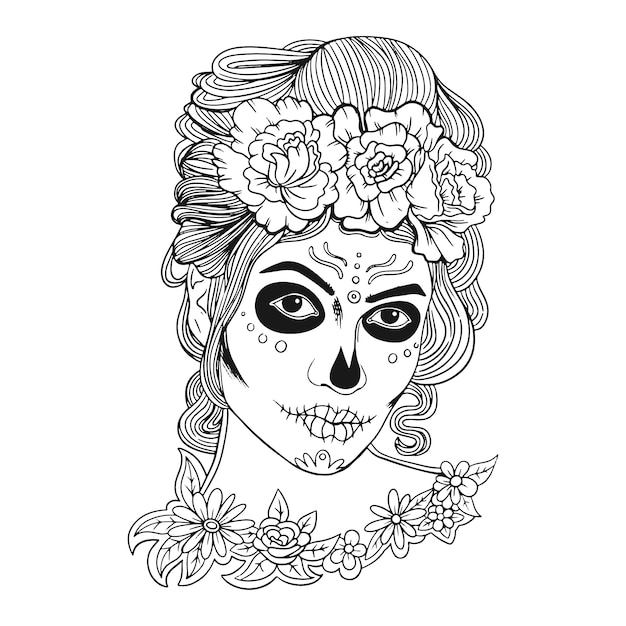 Hand drawn dia de muertos catrina coloring page illustration