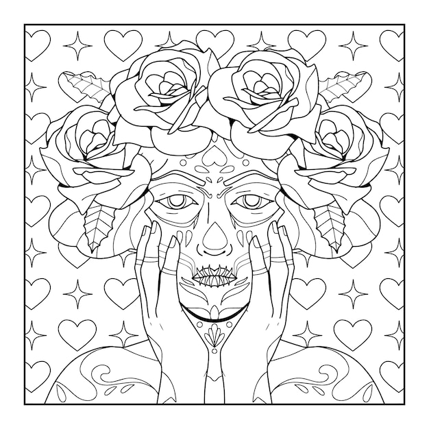 Free Vector hand drawn dia de muertos catrina coloring page illustration