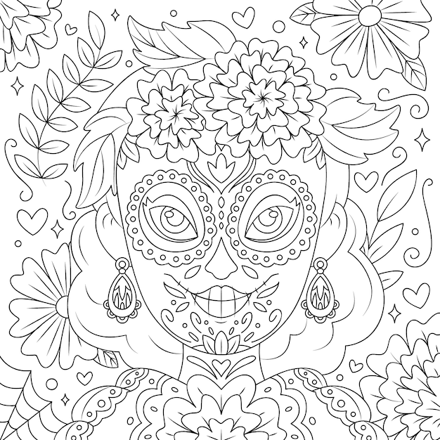 Hand drawn dia de muertos catrina coloring page illustration