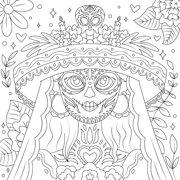 Hand drawn dia de muertos catrina coloring page illustration