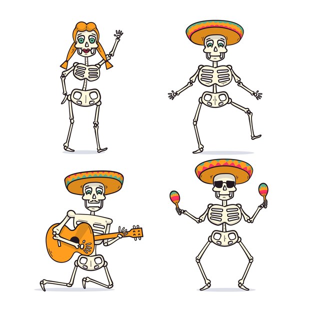 Hand drawn dia de muertos celebration character elements collection