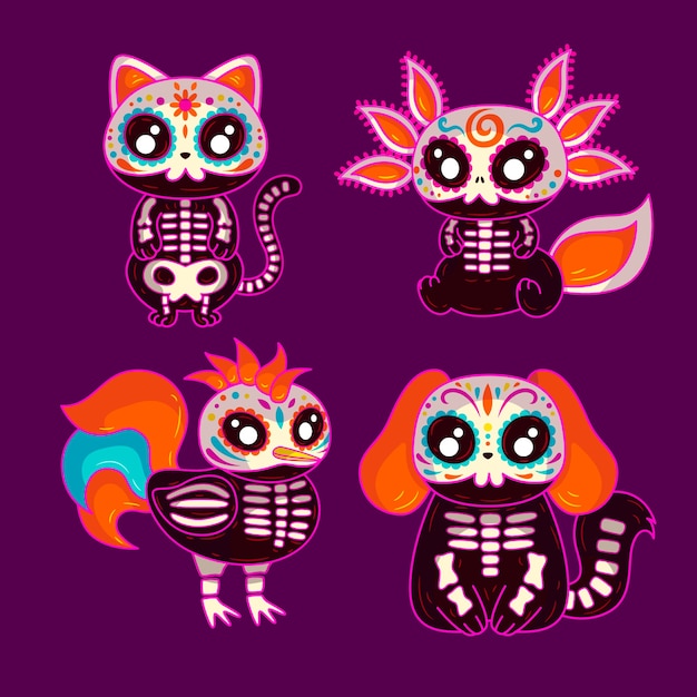 Free Vector hand drawn dia de muertos character elements collection