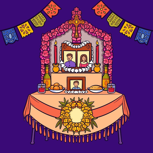 Free vector hand drawn dia de muertos family home altar illustration