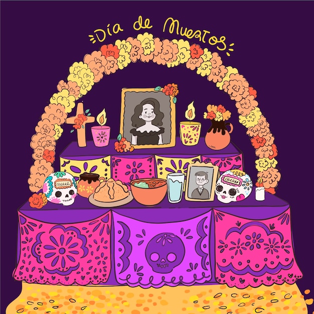 Hand drawn dia de muertos family home altar illustration