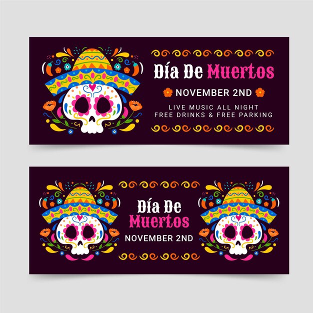 Hand drawn dia de muertos horizontal banners set