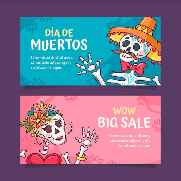 Hand drawn dia de muertos horizontal banners set