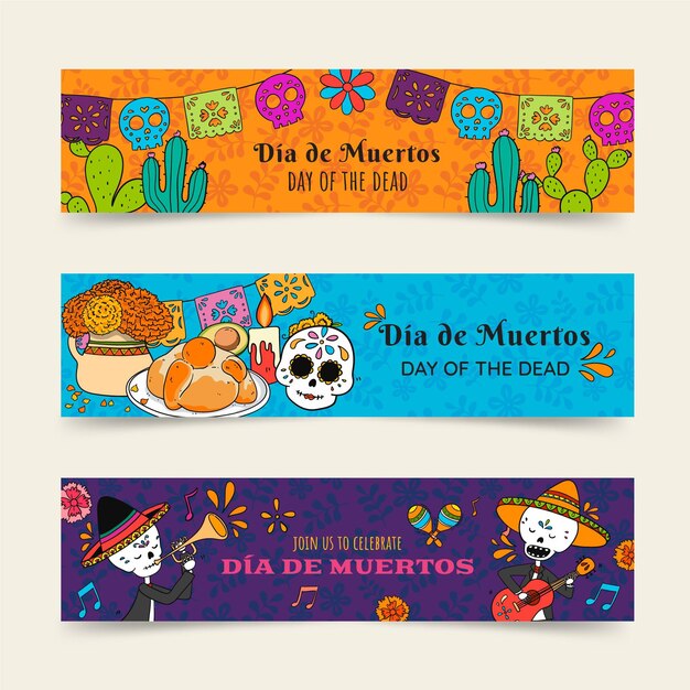 Hand drawn dia de muertos horizontal banners set