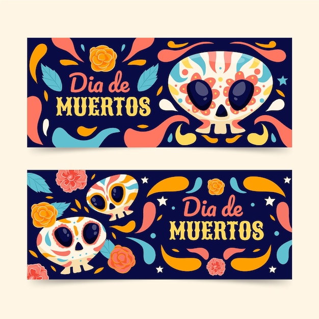 Hand drawn dia de muertos horizontal banners set