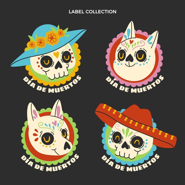 Hand drawn dia de muertos labels collection