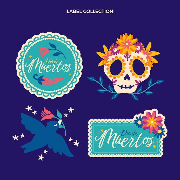 Hand drawn dia de muertos labels collection