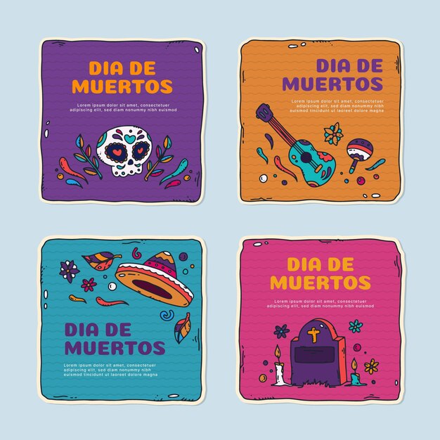 Hand drawn dia de muertos labels collection