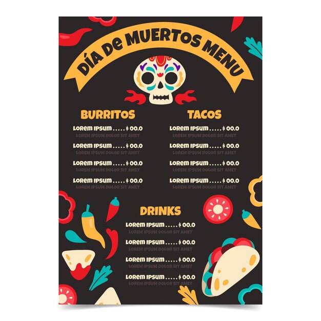 Hand drawn dia de muertos menu template