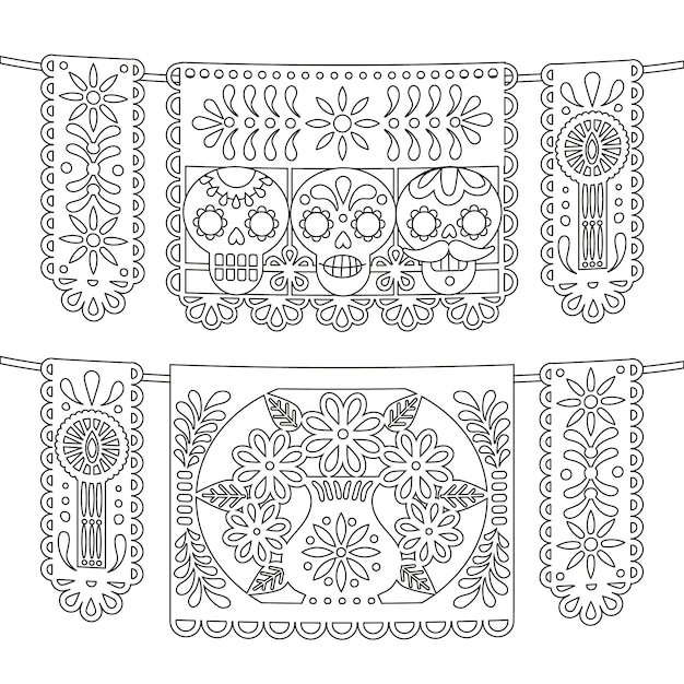 Hand drawn dia de muertos papel picado coloring page illustration