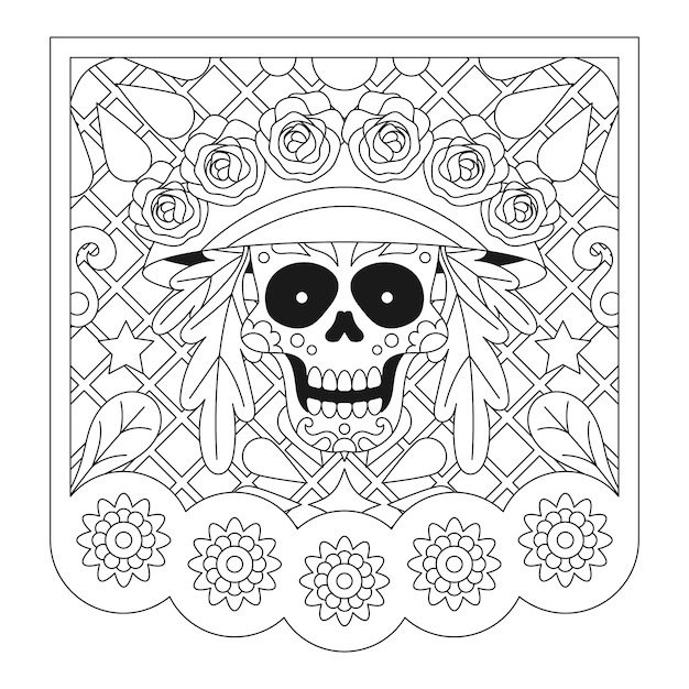 Free vector hand drawn dia de muertos papel picado coloring page illustration