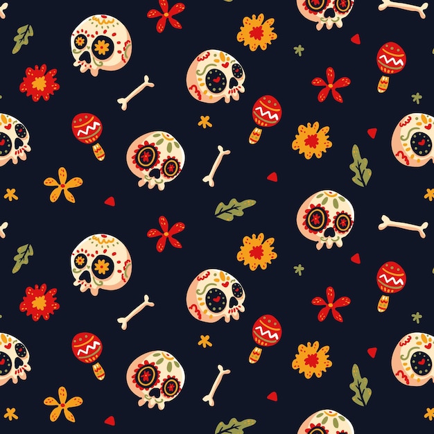 Hand drawn dia de muertos pattern