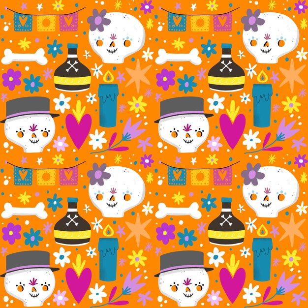 Hand drawn dia de muertos pattern