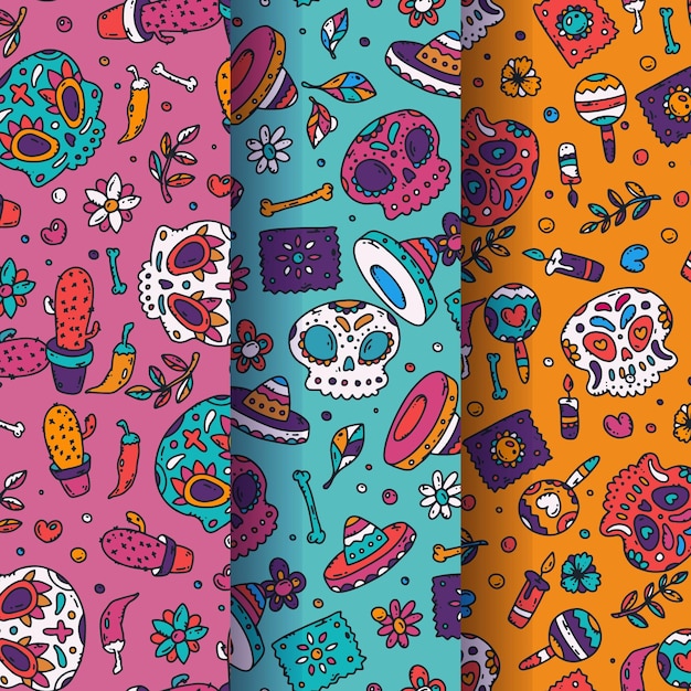 Hand drawn dia de muertos patterns collection