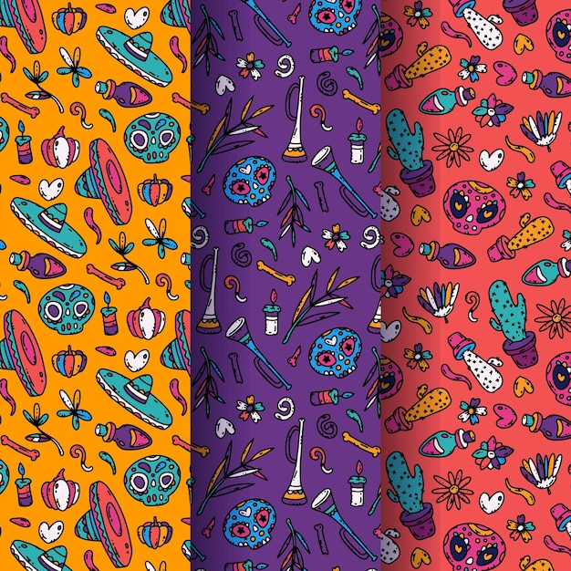 Hand drawn dia de muertos patterns collection