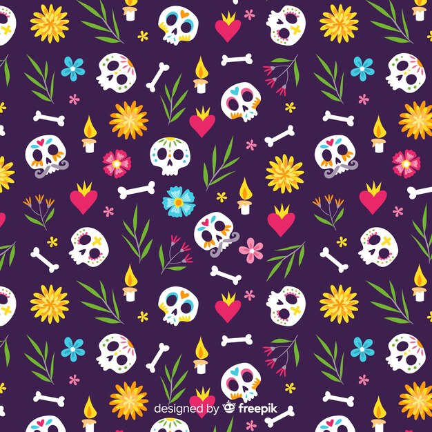 Hand drawn día de muertos rotated skulls pattern