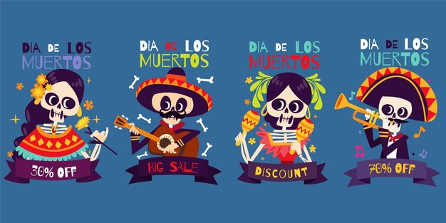 Hand drawn dia de muertos sale labels collection