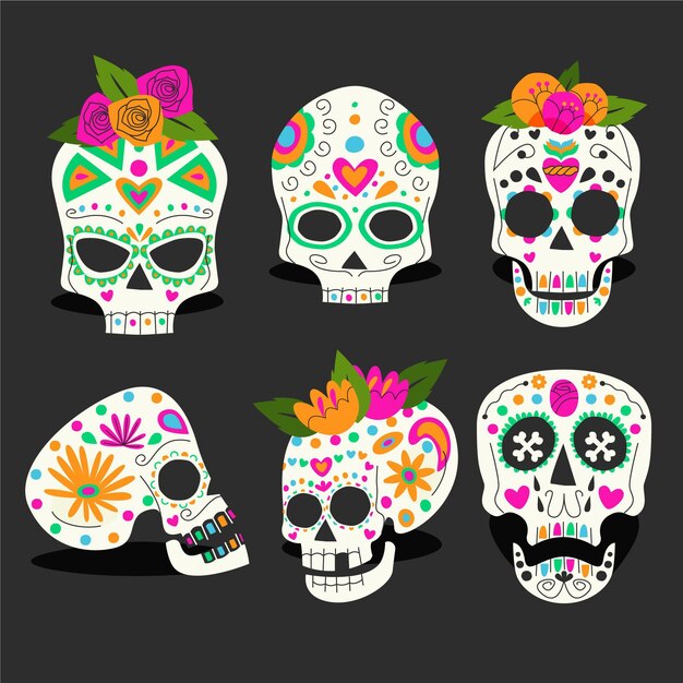 Hand drawn dia de muertos skulls collection