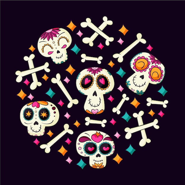 Free Vector hand drawn dia de muertos skulls collection