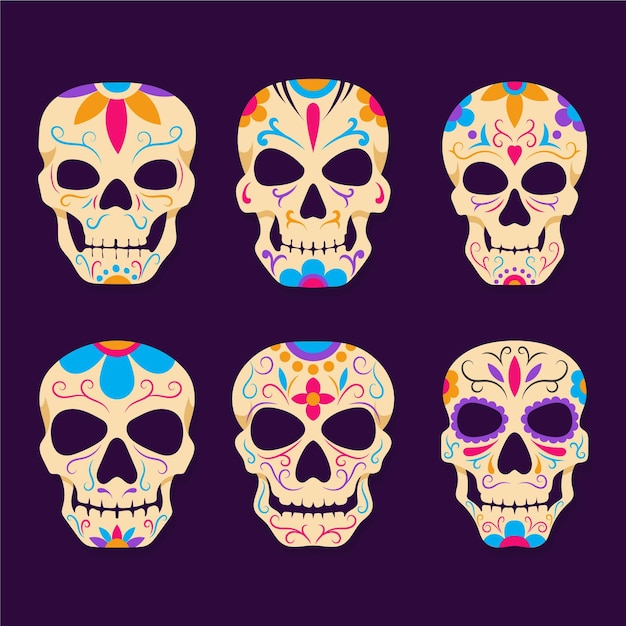 Hand drawn dia de muertos skulls collection