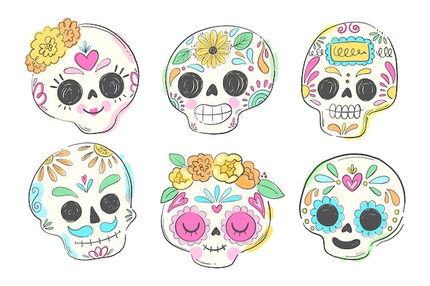 Hand drawn dia de muertos skulls collection