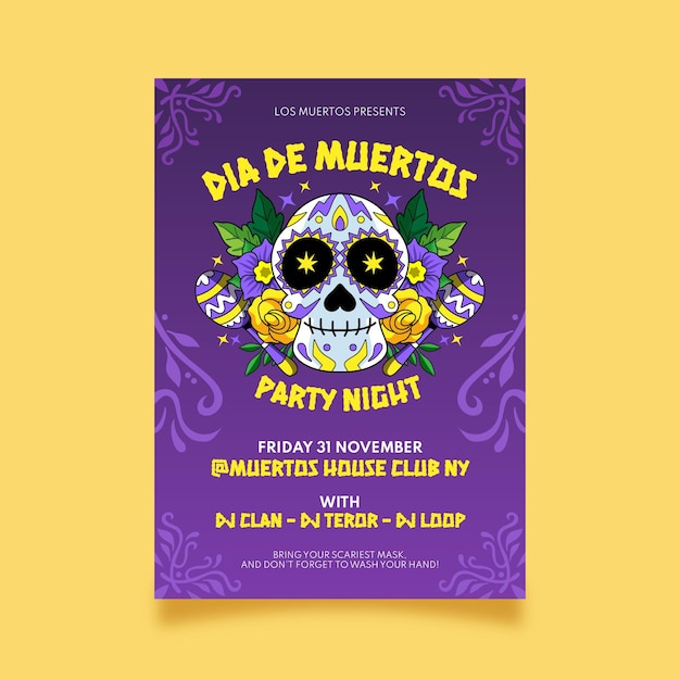 Hand drawn dia de muertos vertical flyer template