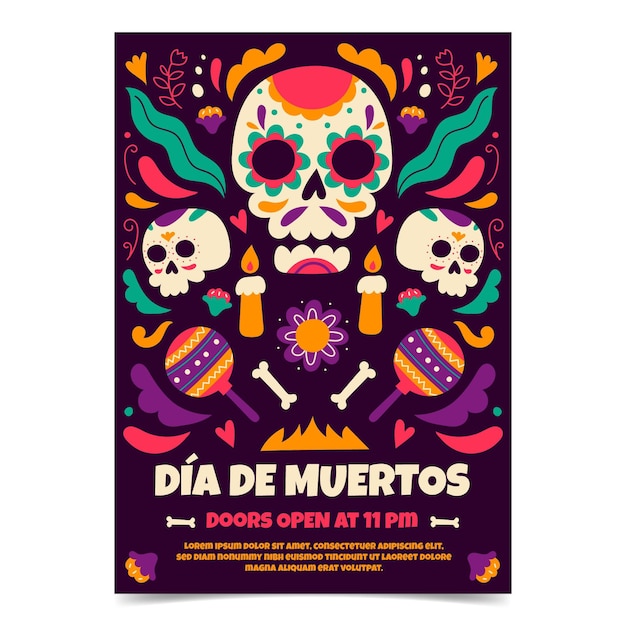 Hand drawn dia de muertos vertical flyer template