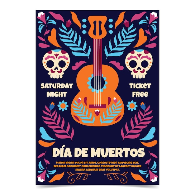 Hand drawn dia de muertos vertical flyer template