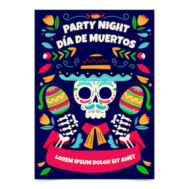 Hand drawn dia de muertos vertical poster template