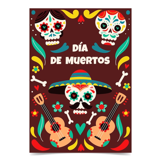 Hand drawn dia de muertos vertical poster template