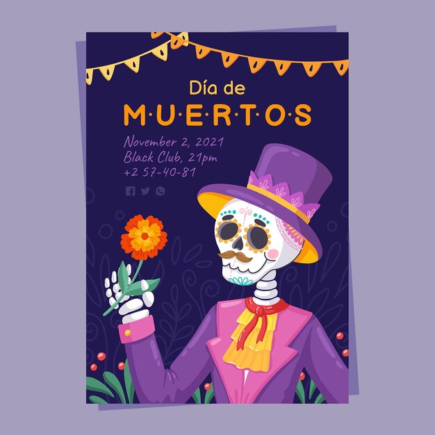 Hand drawn dia de muertos vertical poster template