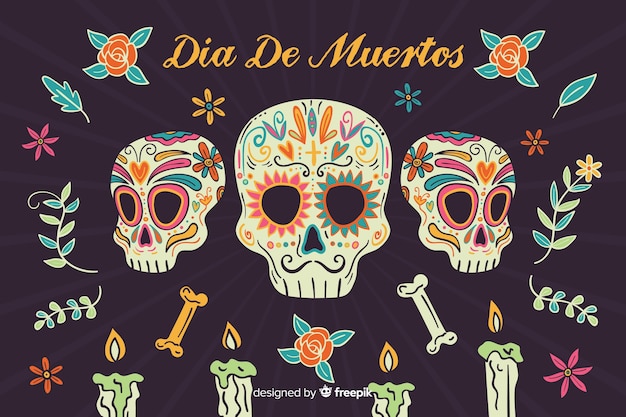 Hand drawn día de muertos with mafia skulls background