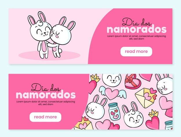 Hand drawn dia dos namorados horizontal banners collection