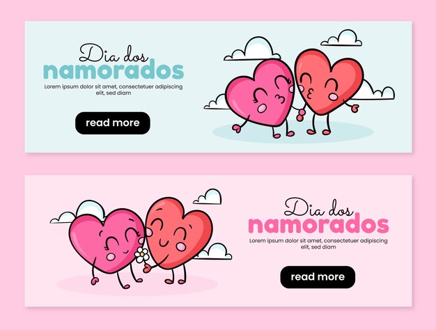 Hand drawn dia dos namorados horizontal banners collection