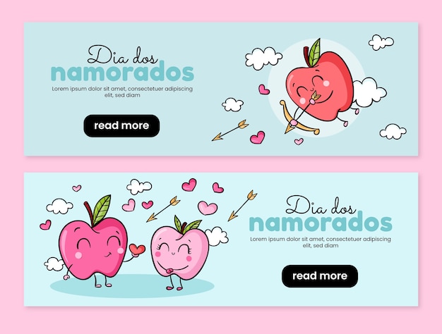 Hand drawn dia dos namorados horizontal banners collection