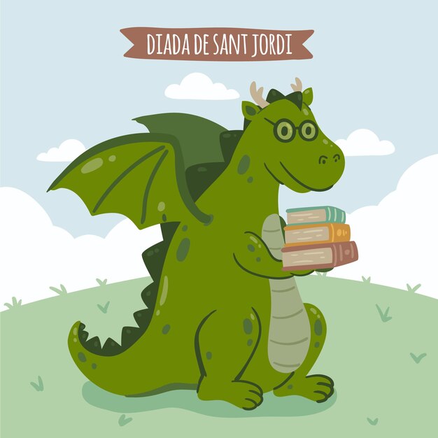 Hand drawn diada de sant jordi illustration with dragon holding stack of books