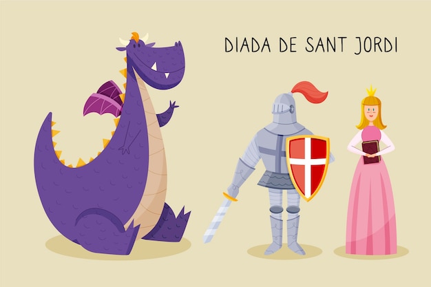 Hand drawn diada de sant jordi illustration with kngiht, dragon and princess