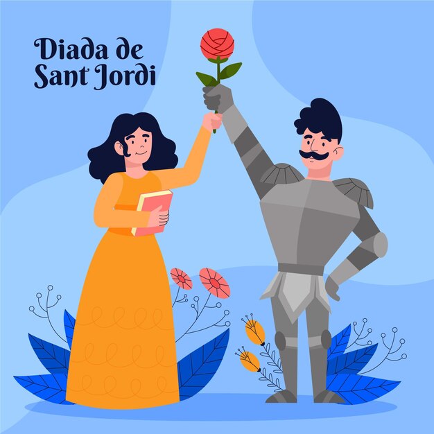 Hand drawn diada de sant jordi illustration with knight and princess holding rose