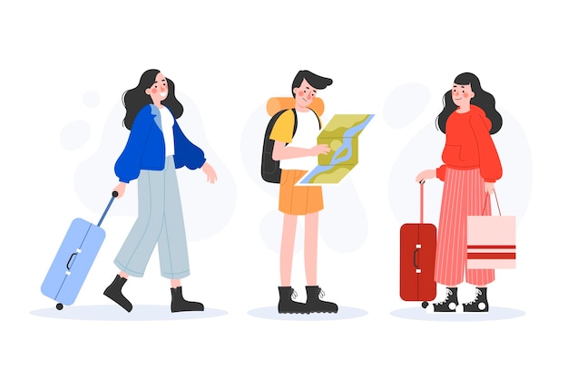 Hand drawn different tourists with their baggage set