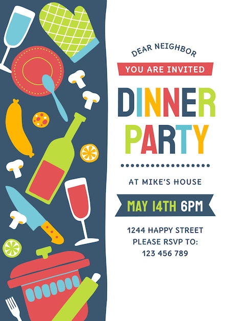 Free vector hand drawn dinner party invitation with colorful items