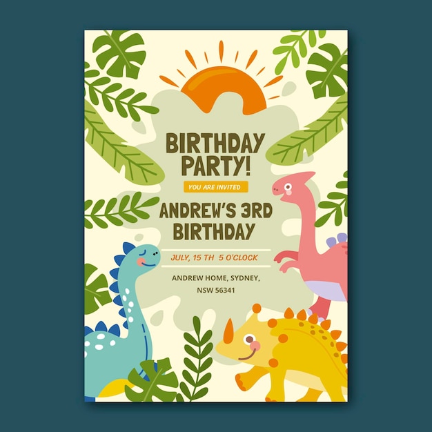 Hand drawn dinosaur birthday invitation template