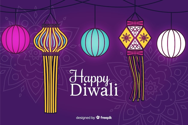 Free Vector hand drawn diwali background with lamps