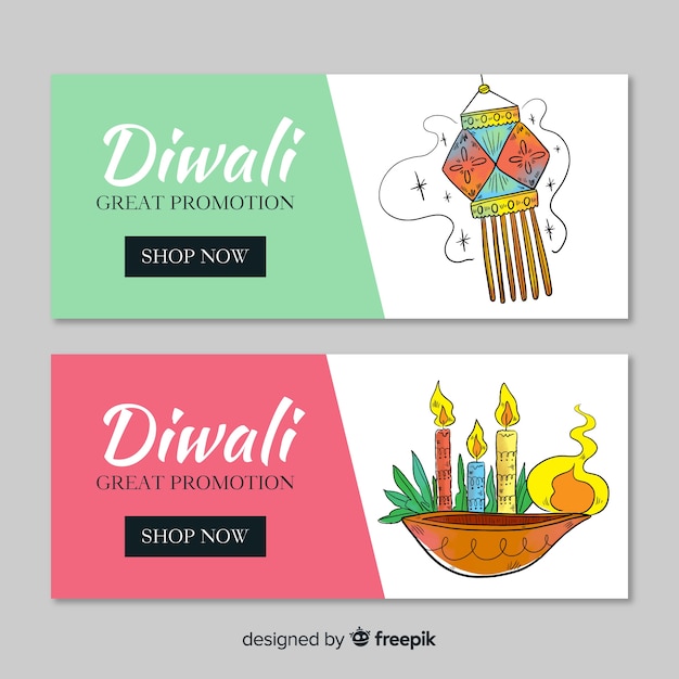 Free Vector hand drawn diwali web banner collection