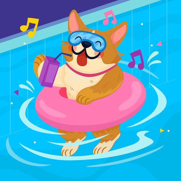 Hand drawn dog pool party illustration