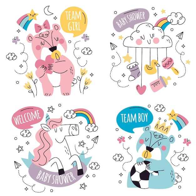 Hand drawn doodle baby shower sticker collection